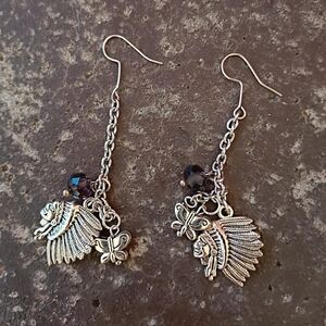 Silver Dangle Earrings with Butterfly and Feather Charms